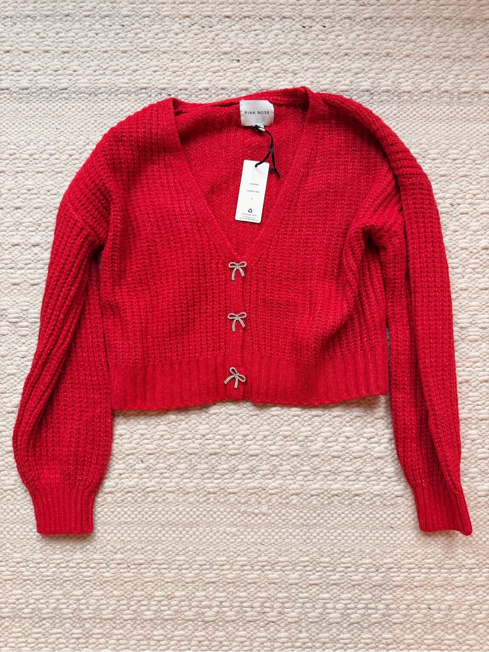 Pink Rose Bright Red V-Neck Bow-Button Cropped Cardigan